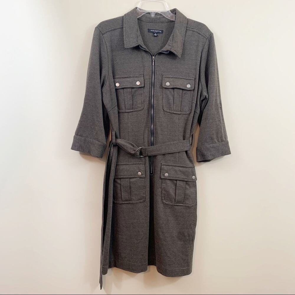 Sharagano Hounds Tooth Plaid Brown Belted Dress